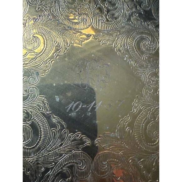 Vintage French Victorian Brass Serving Platter Etched Engraved Round Charcuterie - Picture 4 of 9